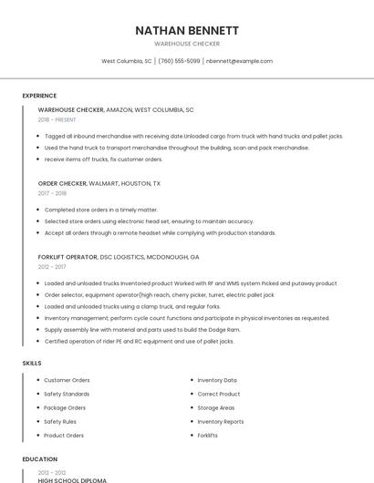 Warehouse Checker Resume