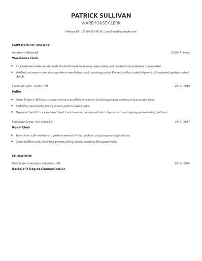 Warehouse Clerk Resume