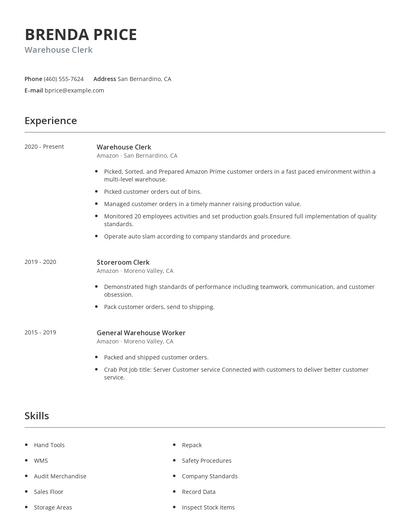 Warehouse Clerk Resume