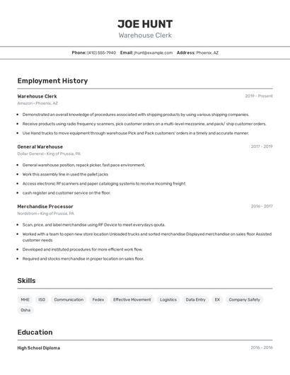 Warehouse Clerk Resume