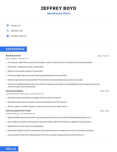 Warehouse Clerk Resume