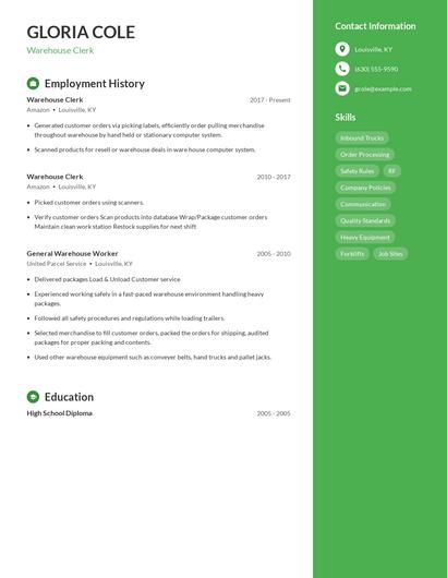 Warehouse Clerk Resume