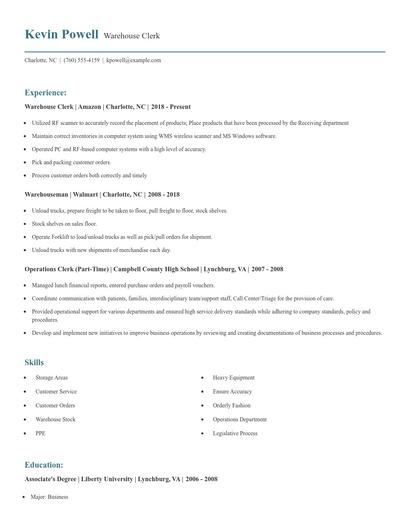 Warehouse Clerk Resume
