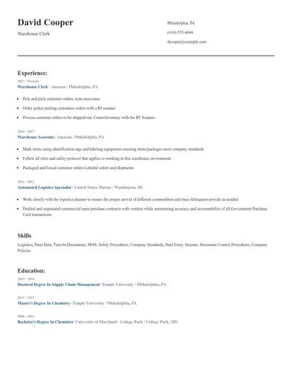 Warehouse Clerk Resume