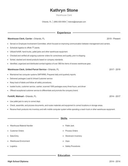 Warehouse Clerk Resume