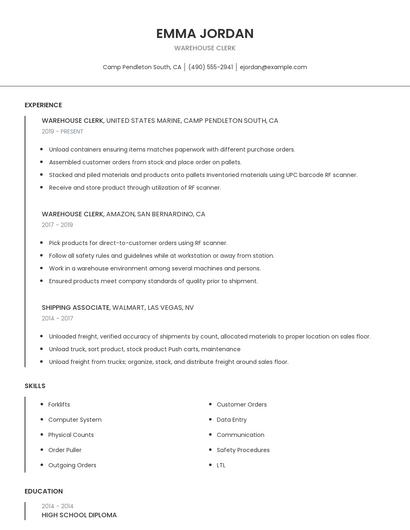 Warehouse Clerk Resume