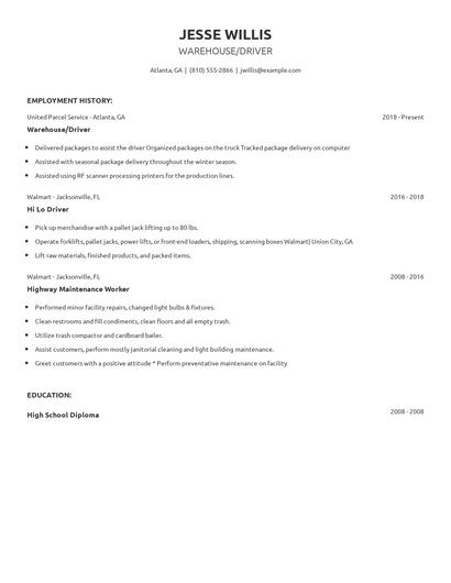 Warehouse/Driver Resume
