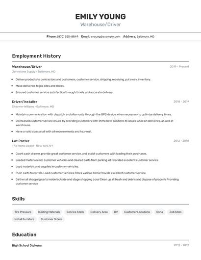 Warehouse/Driver Resume