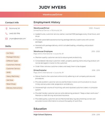 Warehouse/Driver Resume