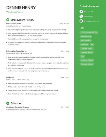 Warehouse/Driver Resume