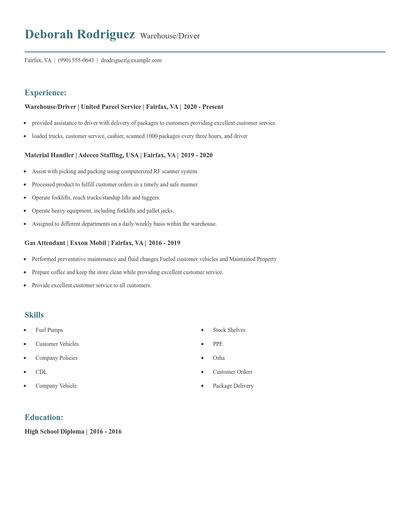 Warehouse/Driver Resume