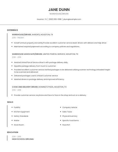 Warehouse/Driver Resume