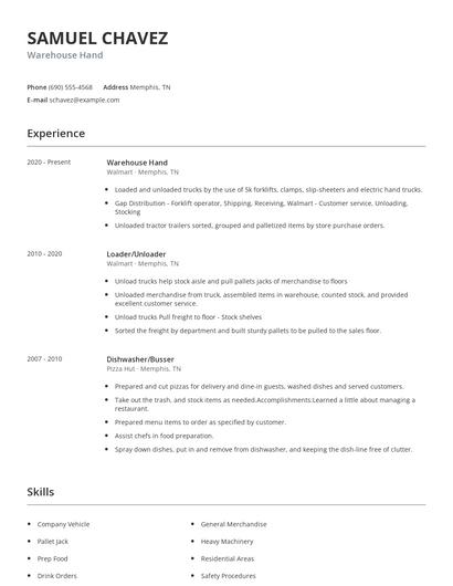 Warehouse Hand Resume