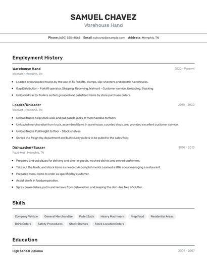 Warehouse Hand Resume