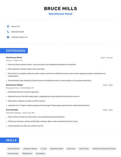 Warehouse Hand Resume