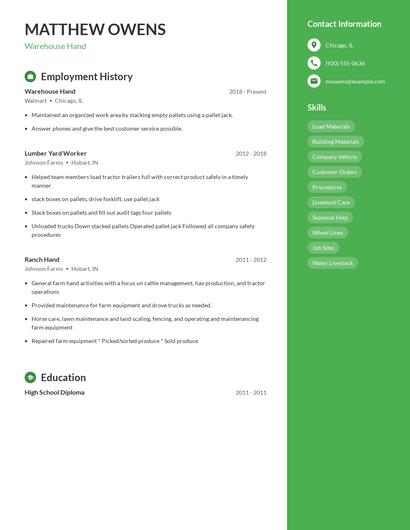 Warehouse Hand Resume
