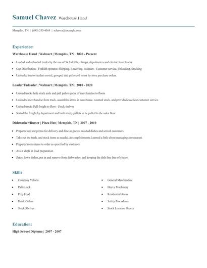 Warehouse Hand Resume
