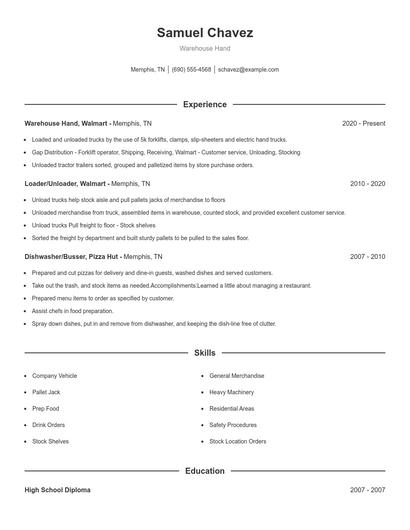 Warehouse Hand Resume