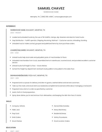 Warehouse Hand Resume