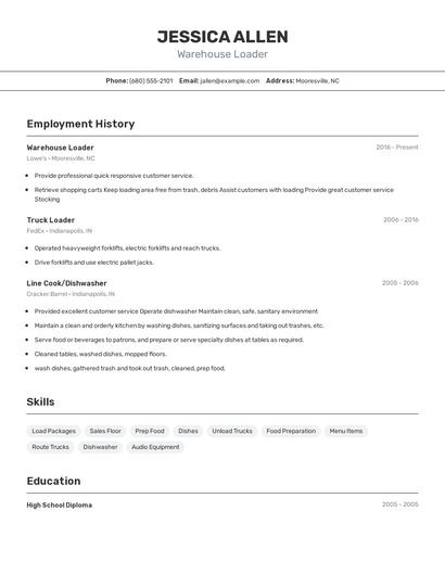 Warehouse Loader Resume