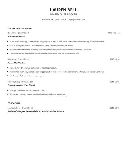 Warehouse Packer Resume