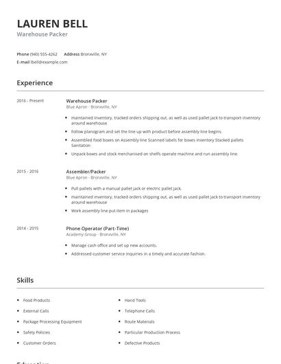 Warehouse Packer Resume