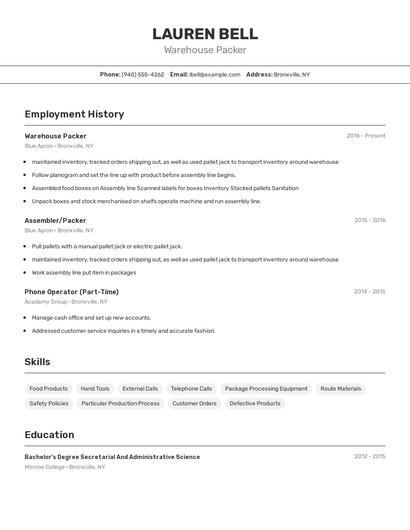 Warehouse Packer Resume