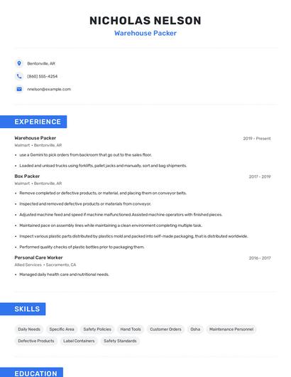 Warehouse Packer Resume