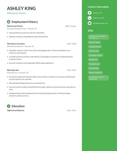 Warehouse Packer Resume