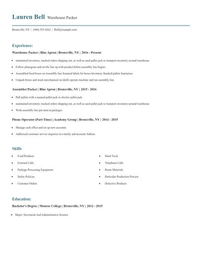 Warehouse Packer Resume