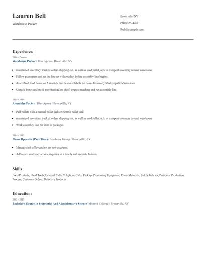 Warehouse Packer Resume