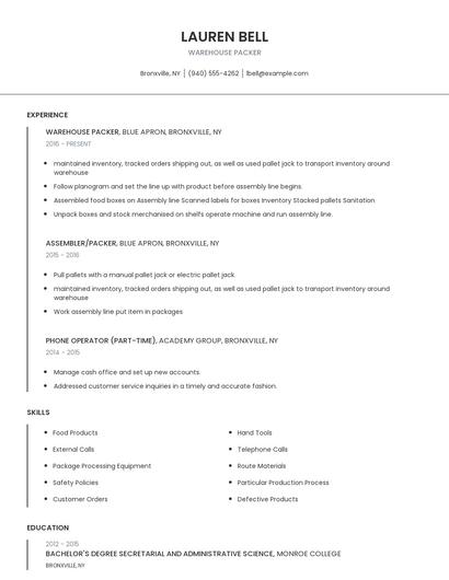 Warehouse Packer Resume