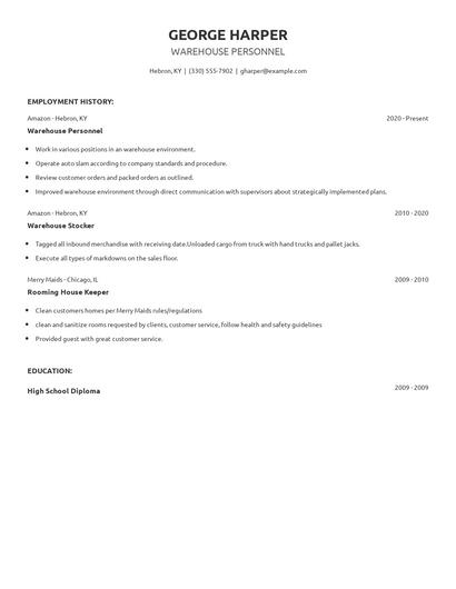 Warehouse Personnel Resume