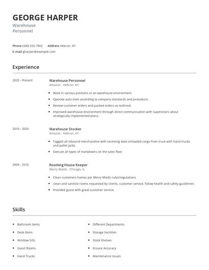 Warehouse Personnel Resume