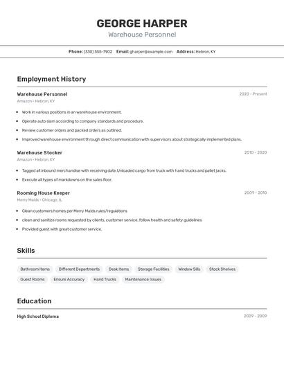 Warehouse Personnel Resume