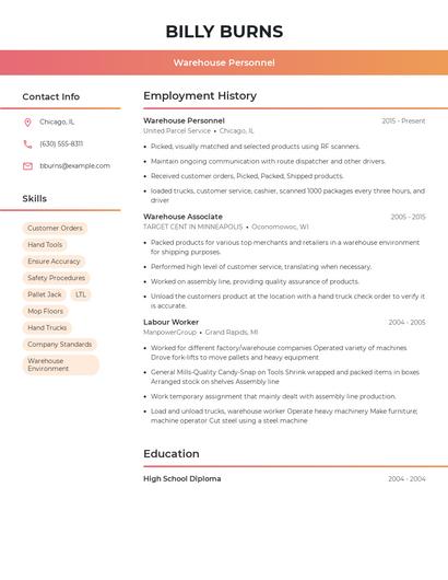 Warehouse Personnel Resume