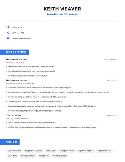 Warehouse Personnel Resume