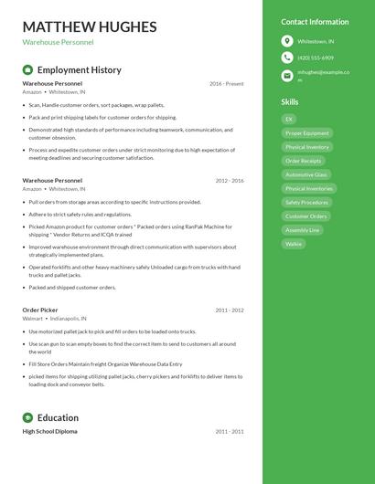 Warehouse Personnel Resume