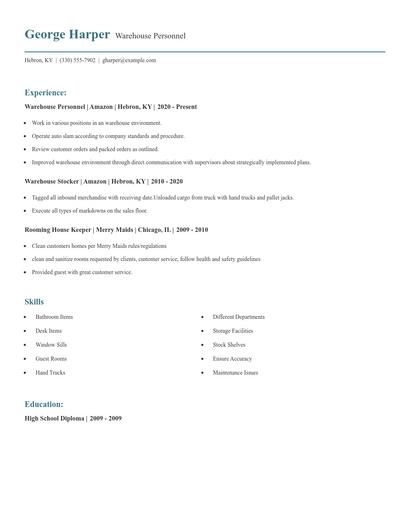 Warehouse Personnel Resume