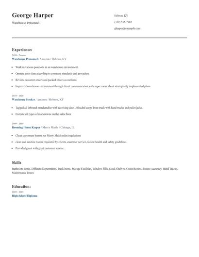 Warehouse Personnel Resume