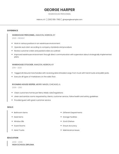 Warehouse Personnel Resume
