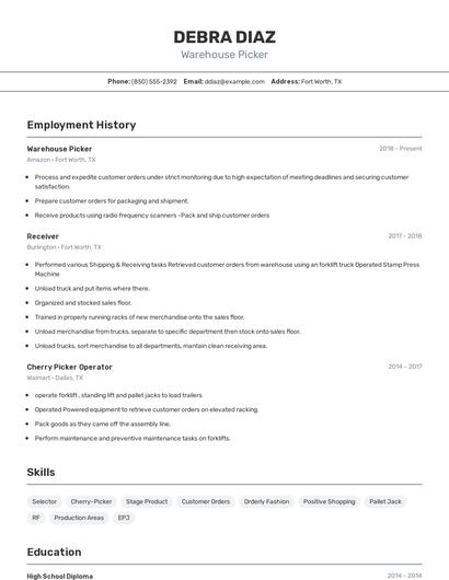 Warehouse Picker Resume