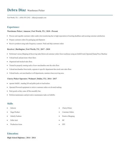 Warehouse Picker Resume
