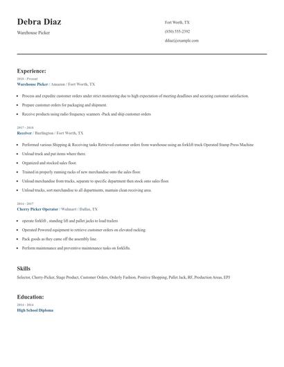 Warehouse Picker Resume