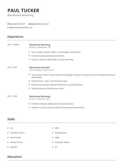 Warehouse Receiving Resume