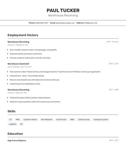 Warehouse Receiving Resume