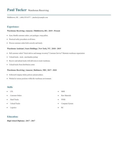 Warehouse Receiving Resume