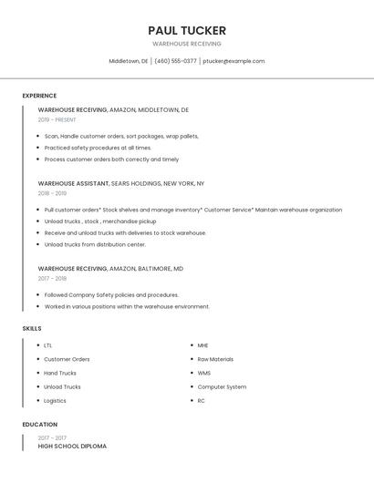 Warehouse Receiving Resume
