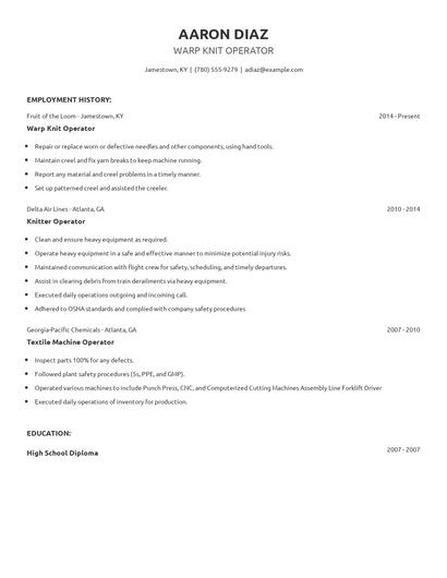 Warp Knit Operator Resume
