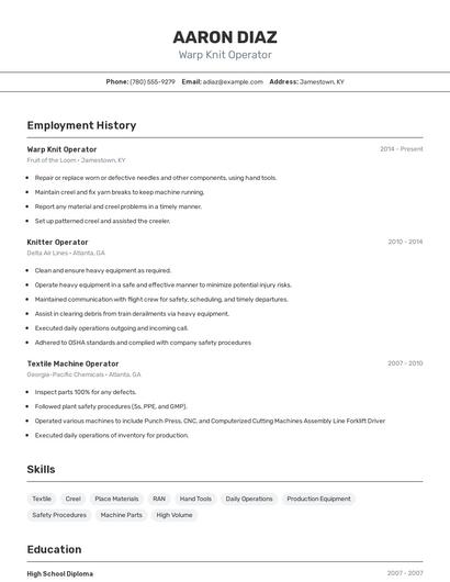 Warp Knit Operator Resume